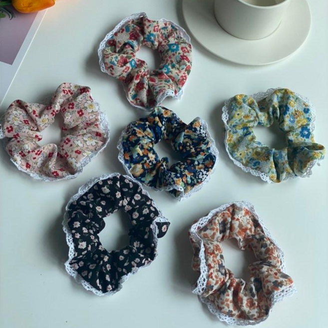 워더미 6개 1세트 플라워 레이스 프릴 웨이브 곱창 헤어슈슈 머리끈 스크런치 세트 F307 ﻿