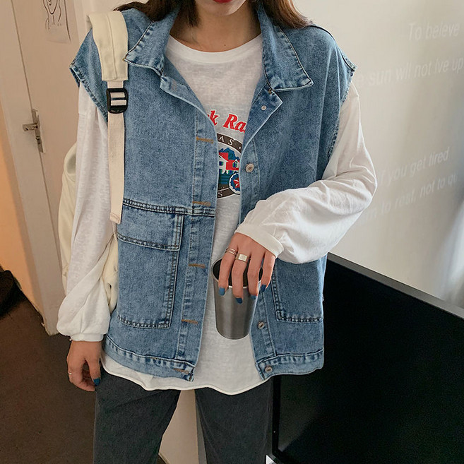 라오농 여성용 루즈핏 민소매 베스트 코트 일반 칼라 데님 조끼
