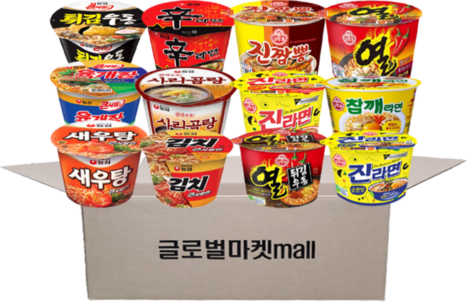 글로벌마켓 농심 사발면 큰컵(튀김+육개장+새우+신라면+사리+김치) 6종 + 오뚜기 사발면 큰컵(열라면+열튀김우동+진라면+참깨+진짬뽕+진라면매운맛) 6종 모음, 1개