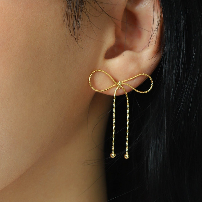 뱀줄 체인 리본 드롭 귀걸이 데일리 페미닌 이어링 304105