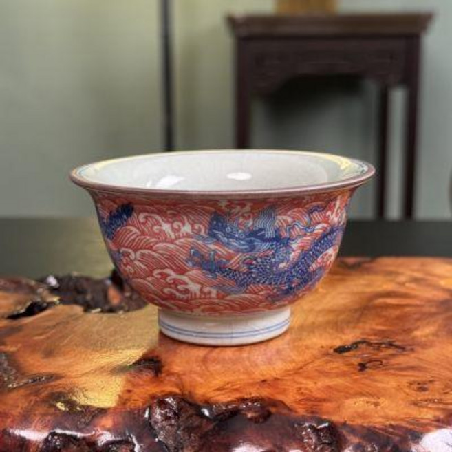壓手杯 青花釉裏紅茶杯 老陶泥開片杯 功夫茶具 家用高級茶杯, 1個, 老陶泥青花釉裏紅紅龍壓手杯功夫家用, 青花釉裏紅