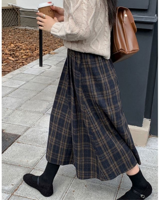 ANYOU 체크 스커트 가을 겨울 롱 스커트 플리츠 스커트 베이직 A라인 스커트
