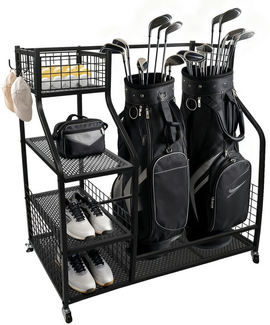 SAIVEINA 골프용품 다용도 조립식 스포츠 장비 수납정리 이동식 선반 골프백 신발 수납정리 선반 캐디백 수납 거치대 진열대, 1개, 블랙