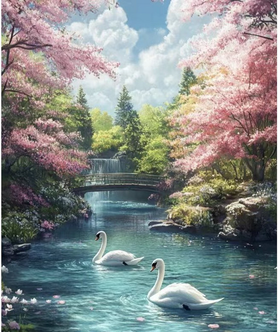 호우맘 액자 캔버스형 보석십자수 DIY 키트 40 x 50 cm, 1개, HM-127 백조 풍경도