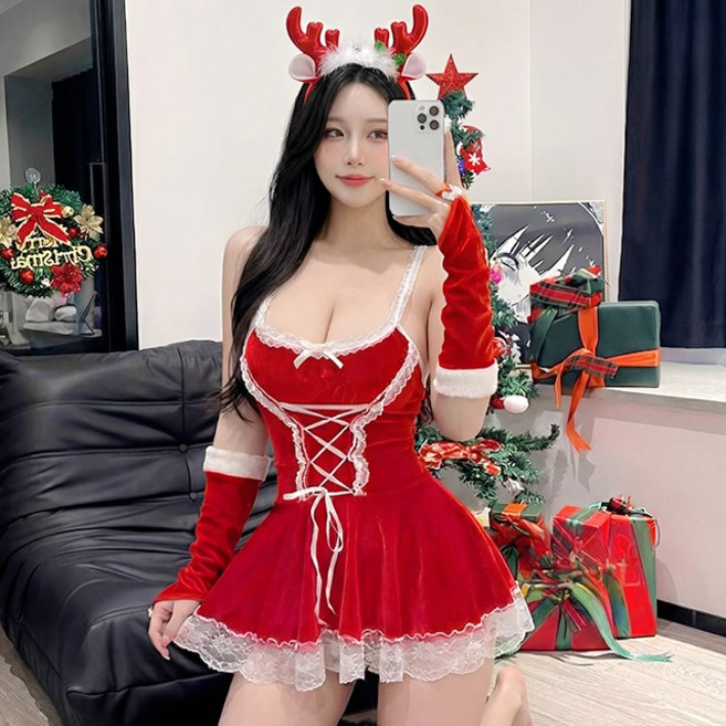 [당일출고]로맨틱멜로우 코르셋 산타걸 여성산타복+팔토시세트 크리스마스옷 섹시 코스프레 코스튬 파티원피스