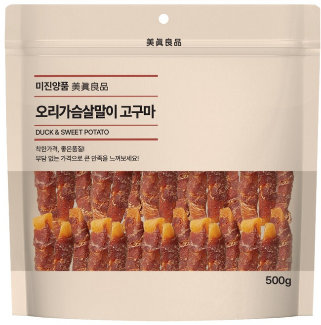(기호성좋은) 미진양품 고구마말이 강아지간식 닭 오리 소고기 연어 고구마 간식 고구마스틱, 1개, 500g, 오리가슴살말이 고구마