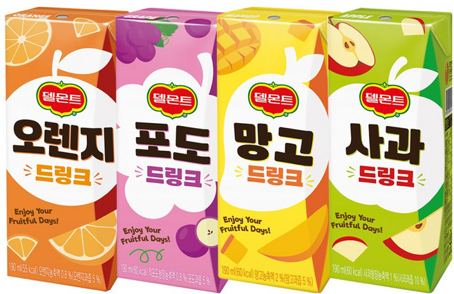 [메리박스] 190mlx32개 혼합 델몬트 드링크 오렌지 포도 파인애플 사과 망고 8개씩, 01){오렌x8+망고x8+사과x8+포도x8}, 190ml, 32개