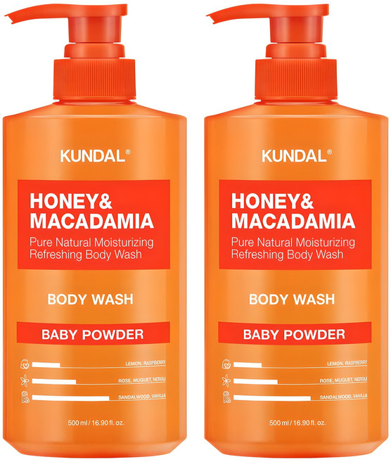 쿤달 허니 앤 마카다미아 퓨어 바디워시 베이비 파우더 향, 500ml, 2개