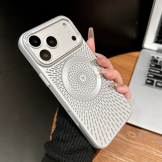 柏林網孔散熱磁吸無線充電手機殼 防摔 大孔鏤空【銀色】