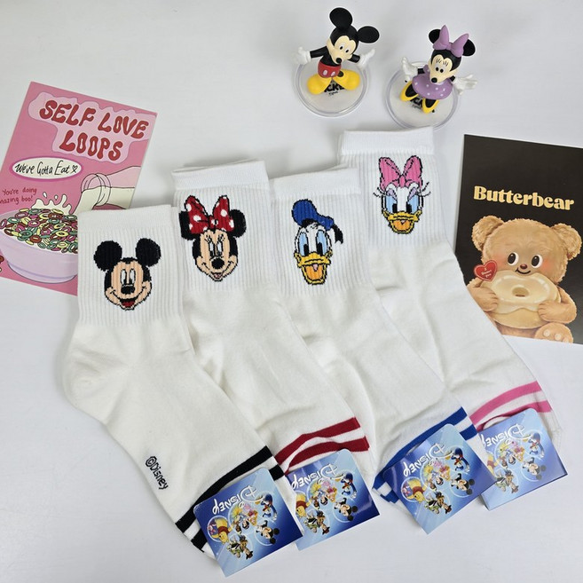 디즈니 양말 귀여운 캐릭터 미키 도날드 데이지 중목 패션 학생