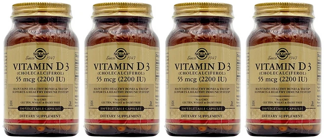솔가 비타민 D3 (콜레칼시페롤) 2200IU 베지터블 캡슐 글루텐 프리, 100정, 4개 - 쿠팡