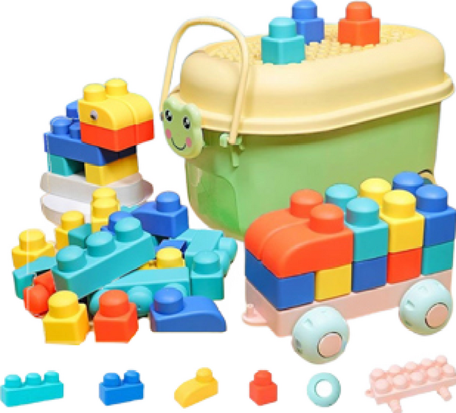 Laiyint 軟膠積木 大顆粒益智玩具, 【小青蛙收納車】50顆粒, 1個