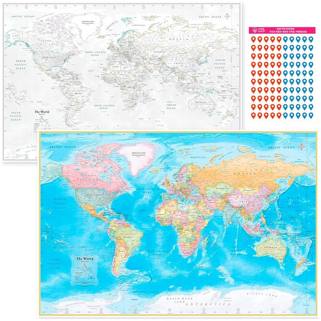 NOWMAP 아쿠아쉴드 양면 세계 지도 방수 포스터 24시간 x 36w 대형 벽 장식 - (핀 스티커 포함)