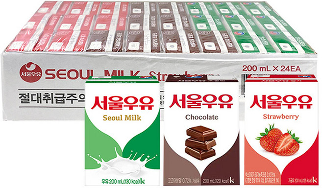 서울우유 멸균우유 + 초코우유 + 딸기우유 (각 8개씩 총 24입), 200ml, 48개