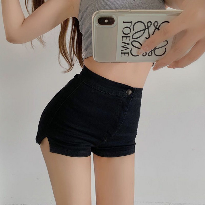 couyor 초미니 핫팬츠 데님 섹시 핫팬츠 핫팬츠 데님 반바지 스판 핫팬츠 여성 댄스반바지 줌바 댄스복 데님하프팬츠, 블랙