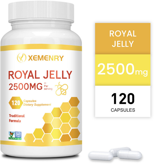 로얄 젤리 캡슐 | 2500mg | 120정 | 비GMO 및 글루텐 프리 | 전통 보충제, 1개, 60정