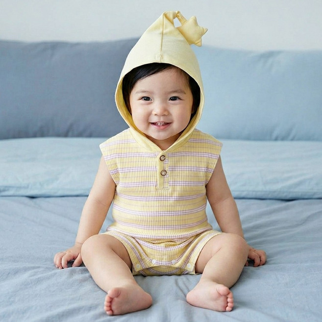 몽실이 별후드 스트라이프 민소매 우주복