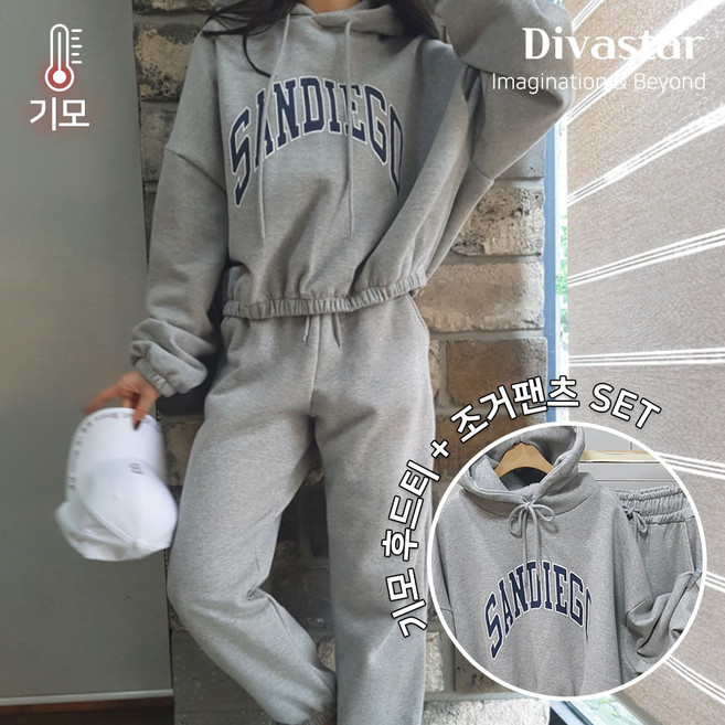 상상그이상 여성용 국내제작 기모 특양면 레터링 크롭 후드 티셔츠 밴딩 조거팬츠 트레이닝 세트