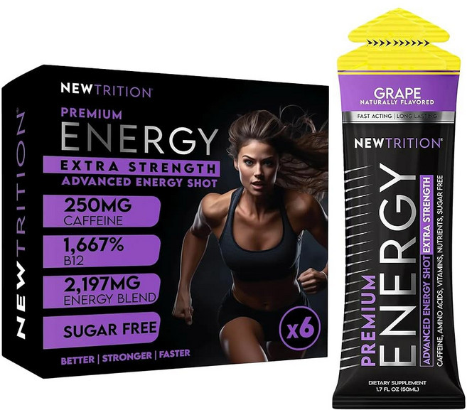 뉴트레이션 엑스트라 스트렝스 에너지 샷 1.7 floz (6팩 체리 밤 맛) - 비타민 B 및 아미노산이 함유된 카페인 250mg 무설탕 제로 칼로리 음료로 집중력과 지구력을