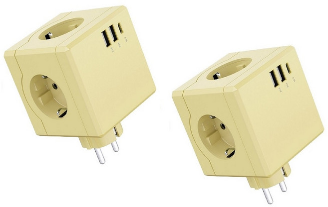 (1+1) 4000W 컬러 고용량 콘센트3구+USB포트3구 인테리어 큐브 멀티탭 USB C타입 플러그형, 2개, 옐로우+옐로우, 7.58cm