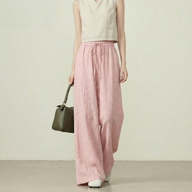 무니유유 소프트 면마 린넨혼방 쿨 시원한 가벼운 와이드 밴딩 롱 팬츠