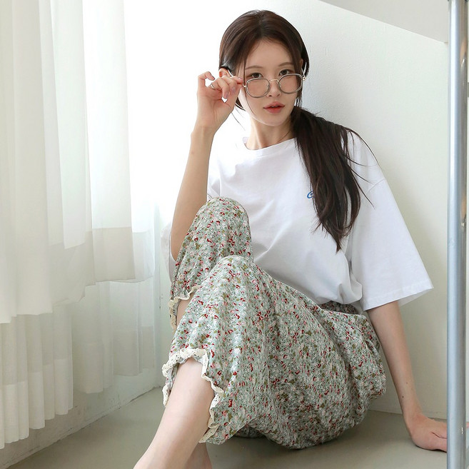 국내생산 여성용 잔꽃무늬 꽃잠 레이스 시보리 파자마 바지 면 잠옷 홈웨어 이지웨어 밴딩 팬츠