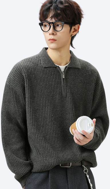 에치케이 카라넥 긴팔 니트웨어 시보리 무지 집업스웨터 단색 남친룩