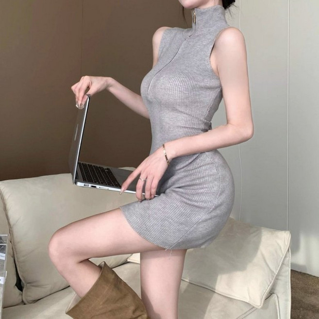 아이엠몽 여성 골지 폴라 집업 포인트 나시 미니 원피스