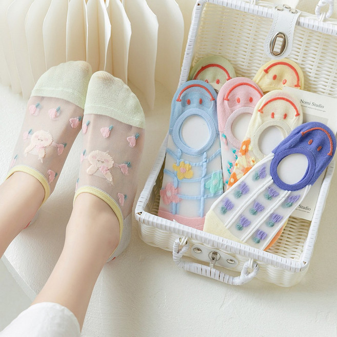 예쁜 여성양말 모노 꽃망사 7종 벗겨지지않는 시스루 덧신 페이크삭스 5켤레세트