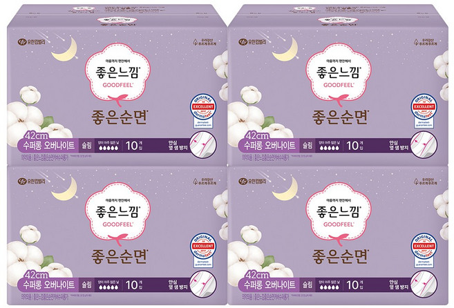 좋은느낌 좋은순면 수퍼롱 오버나이트 42cm 10P / 순면커버 날개형 생리대, 슈퍼롱, 10개입, 4개
