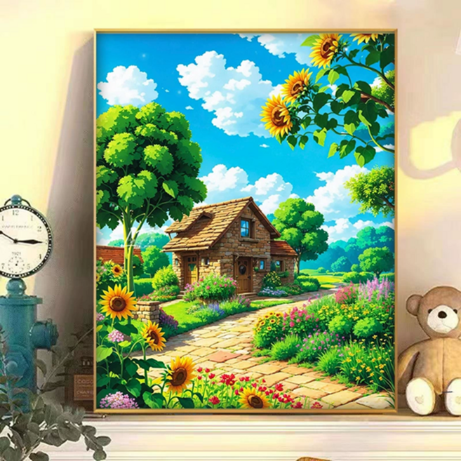 돈을 부르는 행운 DIY 유화 풍경 해바라기 그리기 세트 집들이 선물, 정원, 1개