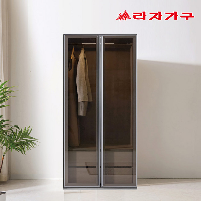 라자가구 글림 800 모듈 시스템 브론즈 유리 옷장 긴문 장롱 2단서랍 양복장, 원터치일반도어, 오크