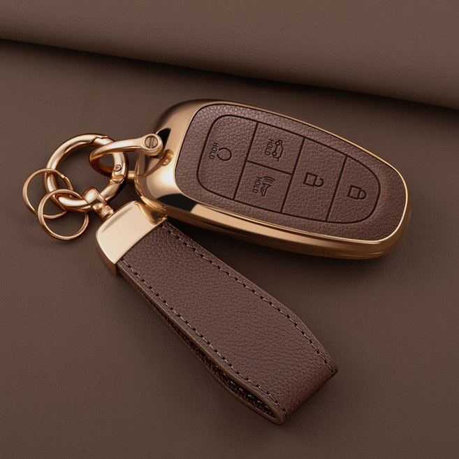 HAKO 소프트 가죽TPU 키케이스+키홀더 (현대호환 4 5 7버튼), H-06, 브라운