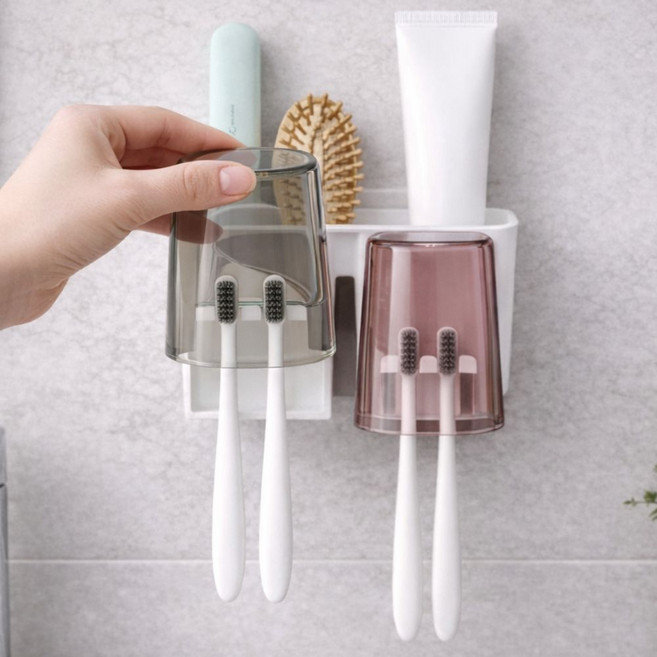 베이직앤드 무타공 수납형 양치컵 칫솔걸이 2인, 화이트, 1개