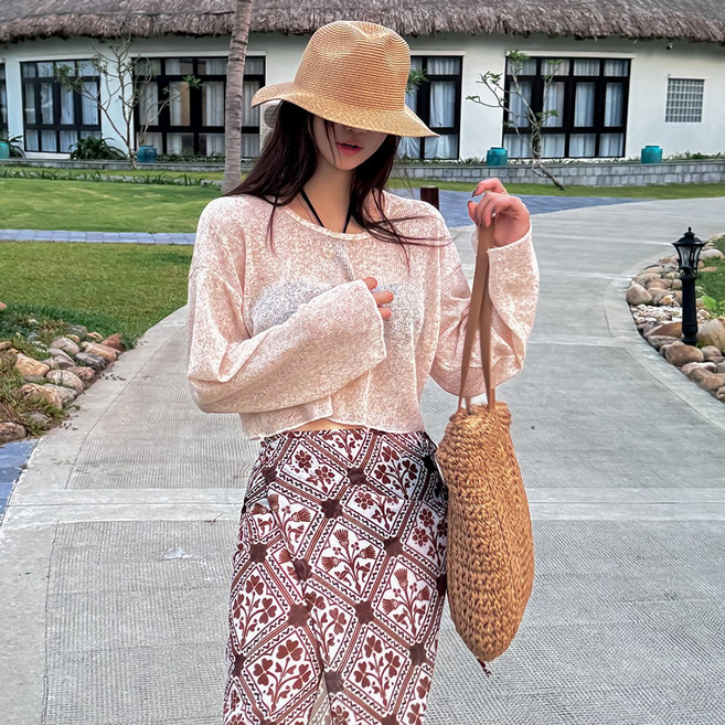 [비치팜]모나 린넨 시스루 티 비치웨어 긴팔 크롭 커버업