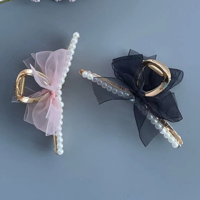  [2컬러] 워더미 골드 메탈 진주 쉬폰 리본 레이어드반머리 집게핀 F356