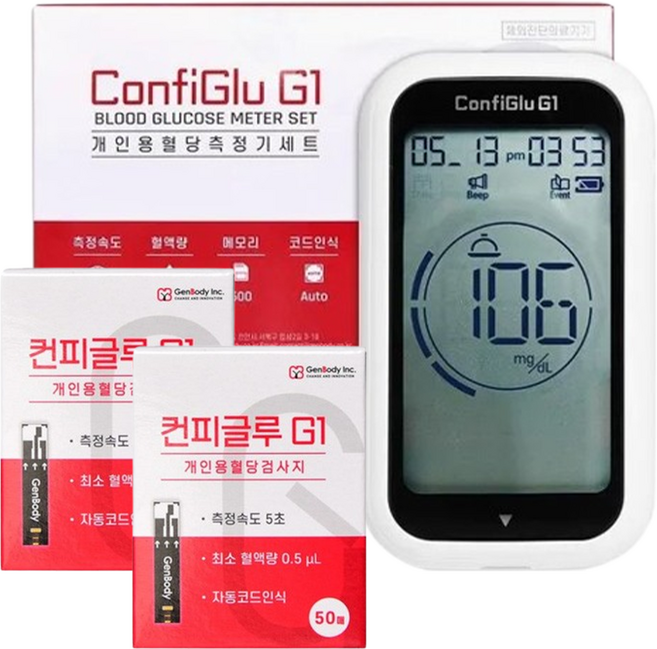 컨피글루G1 혈당측정기 1개+혈당시험지 100매(50매*2개), 1세트, BGMGS001