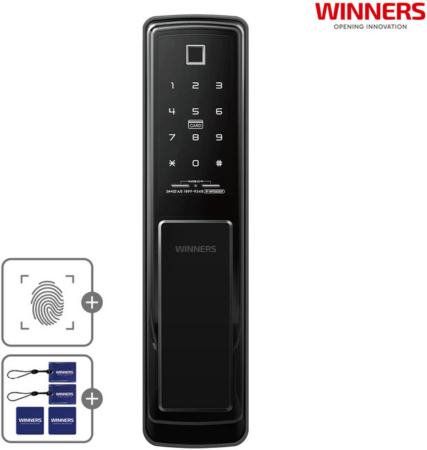 위너스 도어락 지문인식 카드키 무타공 푸시풀 현관문 디지털 도어락 번호키 디지털키 교체 W-MP5000SF + 카드키 4장, 고객직접설치