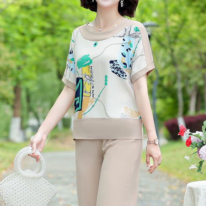 【洋氣顯瘦】媽媽夏裝 中老年女裝 中年女裝 兩件套 套裝 洋氣V領T恤 中袖上衣 冰絲薄款 休閒舒適 送禮自穿皆宜, HSYP#9016#綠色套裝