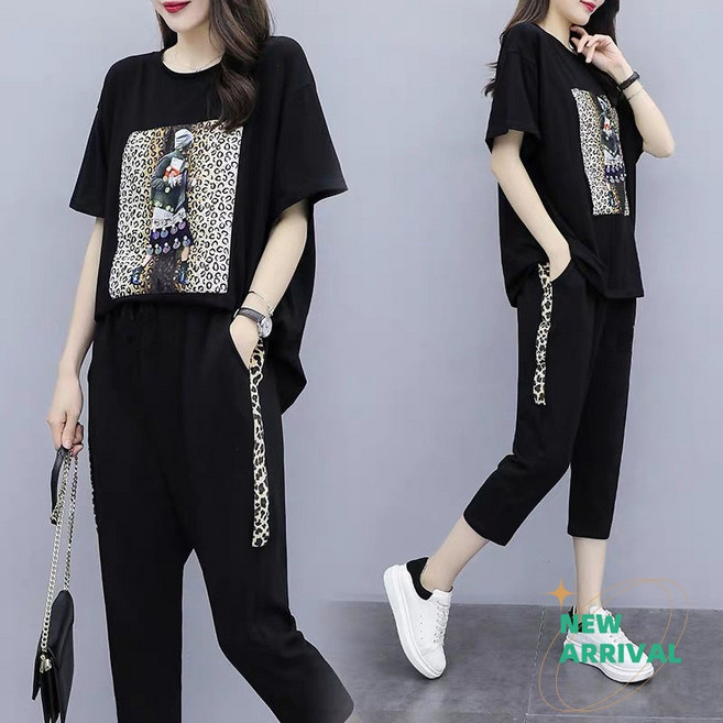 Gradle 신상품 여성 여름 캐주얼 트레이닝 세트 빅사이즈 반팔티 9부 바지 투피스 패션 츄리닝세트여자