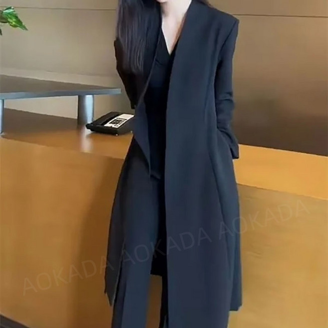 AOKADA 여성 봄 가을 슬림핏 심플 정장 롱코트