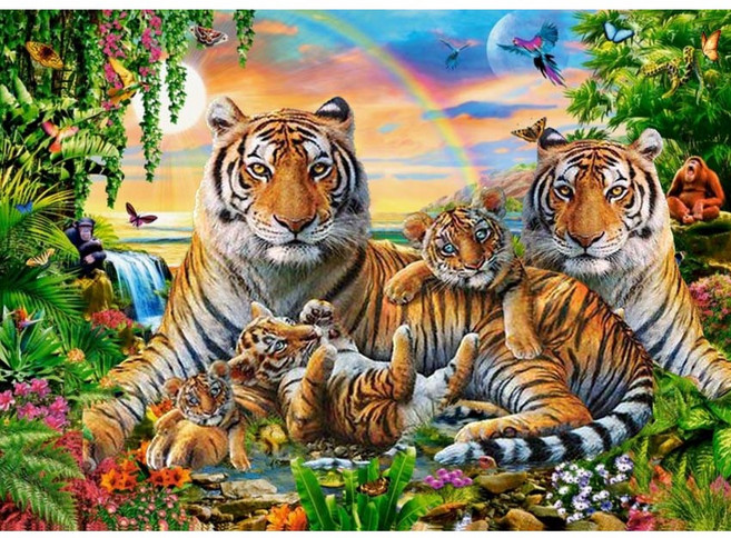 지산 보석십자수 캔버스형 50 x 40 cm DIY 세트, F50 - 호랑이 가족, 1세트