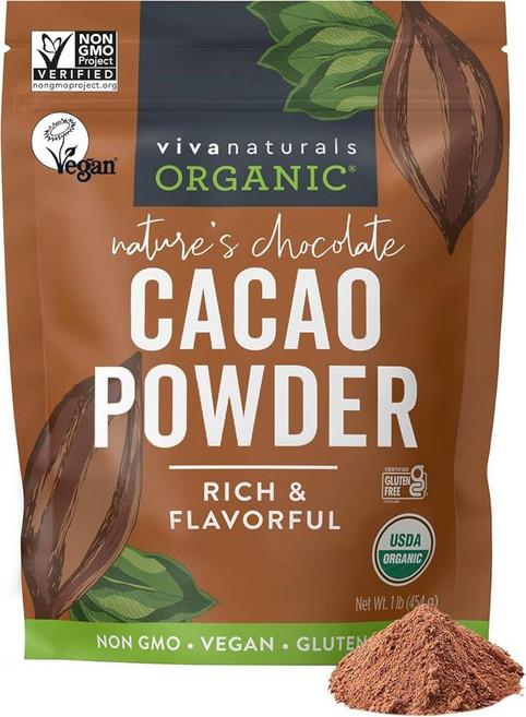 Viva Naturals 유기농 카카오 파우더 454g(1파운드) - 풍부한 다크 초콜릿 맛의 무가당 베이킹 및 스무디에 적합 GMO 프리 비건 글루텐 454g, 1 Pound (Pack of 1), 454g
