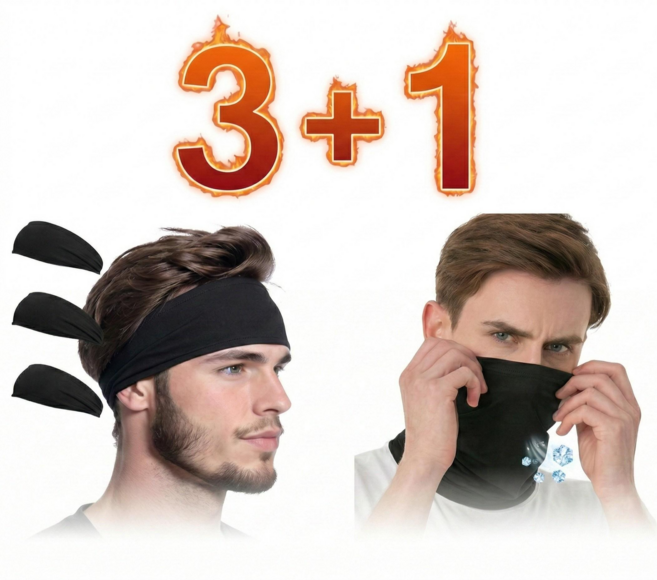 홍데이 남자 러닝 땀흘림 방지 헤어밴드 쿨마스크 세트, 1세트, 헤어밴드 블랙 3 + 쿨마스크 1