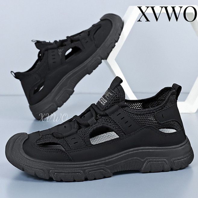 XVWO 남성 여름 통기성 펀칭 샌들 가벼운 슬립온 캐주얼 아웃도어 비치 슈즈 편안한 데일리 남자 샌들