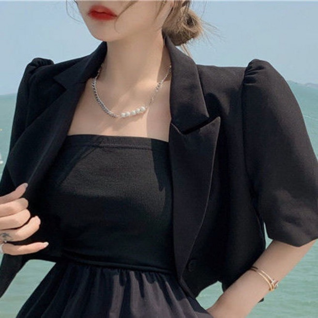 新竹出貨 西裝外套 夏季 女薄款 新款 休閒 氣質 小個子 短袖 白色短版西裝上衣