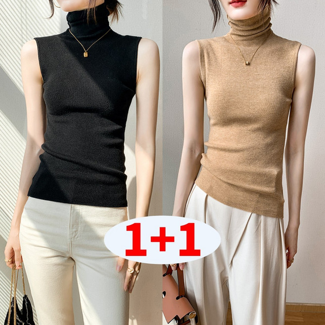 Asure 여성나시 니트 나시 터틀넥 기본 티셔츠 1+1