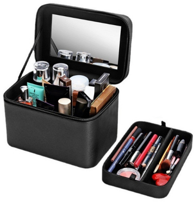 멀티 거울 메이크업 박스 여행용 파우치 화장품 가방, (블랙), 1개