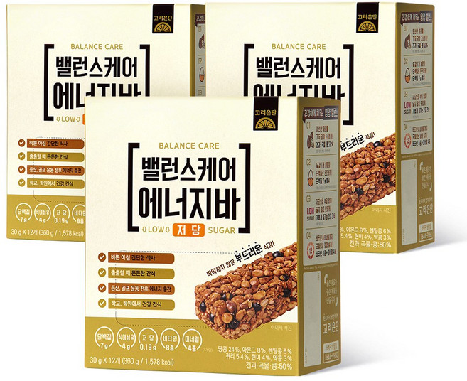 고려은단 밸런스케어 에너지바 저당 12개입, 3개, 360g