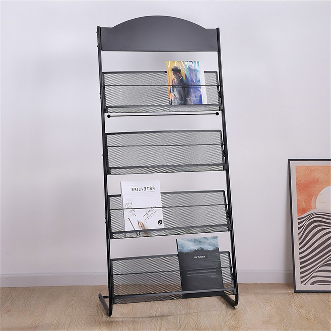 잡지 꽂이 신문 거치대 팜플렛 책 진열대 전단지 전시대, 4단, 블랙